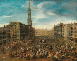 Markedsscene på Grand Place i Brussel, ca. 1670. av Unbekannt