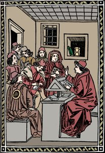 Mestre med sine studenter. Christoforo Landino, 1492, 1917 av Unbekannt