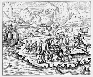 Kjøpmenn som frakter varer til kysten og et ventende fartøy med kamel, 1575 av Unbekannt