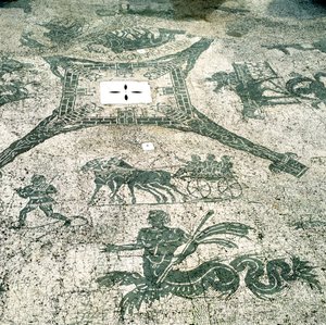 Mosaikk, vogner trukket av muldyr med reisende, Cisarii. c1st århundre av Unbekannt