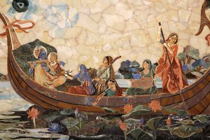 Mosaikk som viser hinduguden Krishna med gopis i en båt. India av Unbekannt