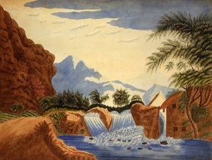 Fjellscene og vannhjul, ca. 1820-1870. av Unbekannt