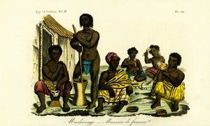 Muchicongo-menn og mange koner utenfor en hytte, Angola av Unbekannt
