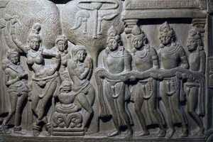 Nasjonalmuseet i India, Delhi. Buddhas livsscener. Ikshvaku, 3. århundre e.Kr. Nagarjunakonda, Andhra Pradesh. Gråaktig kalkstein. Detalj. India. av Unbekannt