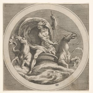 Neptun stiger opp fra havet og bærer en stav, ledsaget av to hestehodede ..., ca. 1550-1600. av Unbekannt
