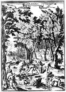 Nordamerikanske Huron-indianere jakter og tilbereder mat i skog, 1686 av Unbekannt