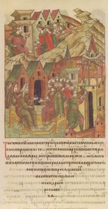 Novgorod veche. Erkebiskop Spyridon ved domstolen til Yaroslav II Vsevolodovich Fra det opplyste komp av Unbekannt