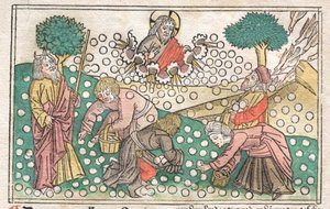 Nüremberg-bibelen: Manna faller fra himmelen, 1400-tallet. av Unbekannt