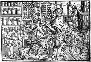 Operasjon på en manns hode. Fra: Den store sårmedisinen av Theophrastus Bombastus von Hohenheim, 1562 av Unbekannt