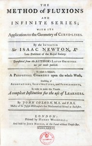 Tittelside til 'The method of fluksjoner og uendelige serier', av Isaac Newton's (1642-1727), publisert i London i 1736, som omfatter de viktigste teoriene som har påvirket vitenskapene betydelig: binomialsetningen, de tre universelle lovene ti av Unbekannt