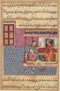 Side fra Tales of a Parrot Tuti-nama: Femtiandre natt: Den fromme mannens kone..., ca. 1560. av Unbekannt
