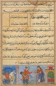 Side fra Tales of a Parrot Tuti-nama: Fjerde natt: Soldaten mottar en krans..., ca. 1560. av Unbekannt