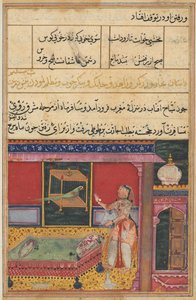 Side fra Tales of a Parrot Tuti-nama: Sjette natt: Papegøyen henvender seg til Khujasta..., ca. 1560. av Unbekannt