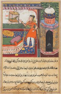 Side fra Tales of a Parrot Tuti-nama: Tiende natt: Papegøyen henvender seg til Khujasta..., ca. 1560. av Unbekannt