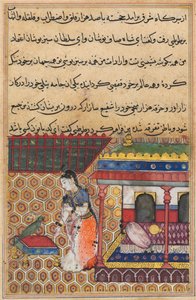 Side fra Tales of a Parrot Tuti-nama: Trettiåtte natt: Papegøyen henvender seg til Khujasta, c1560. av Unbekannt