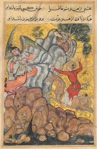Side fra Tales of a Parrot Tuti-nama: Trettifjerde natt: Den tredje frieren..., ca. 1560. av Unbekannt