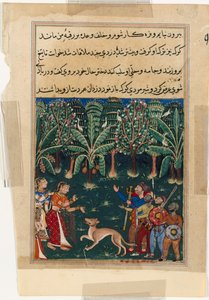Side fra Tales of a Parrot Tuti-nama: Tolvte natt: Kjøpmannens datter..., ca. 1560. av Unbekannt
