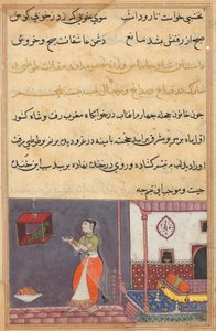 Side fra Tales of a Parrot Tuti-nama: Tjuefemte natt: Papegøyen henvender seg til Khujasta..., c1560 av Unbekannt