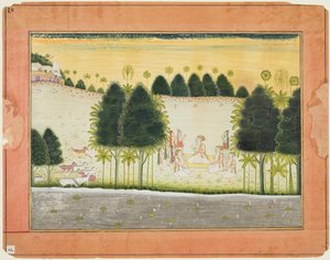 Side fra en Bhagavata Purana: Nanda og de eldste i råd med gopaene, ca. 1690-1700. av Unbekannt