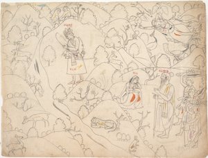 Side fra en spredt Ramayana-historie om Rama, første kvartal av 1800-tallet. av Unbekannt