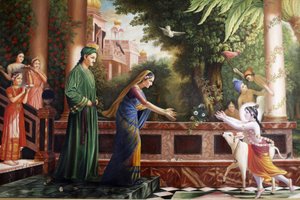 Maleri på Bhaktivedanta Manor som viser unge Krishna som løper til mor Yasoda og Nanda Maharaj (hans fosterforeldre) Watford Grande-Bretagne av Unbekannt