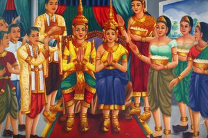 Maleri som viser kongen og dronningen og tjenerne Udong Cambodge av Unbekannt