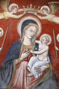 Maleri i basilikaen di Santa Caterina, Galatina, Apulia: Engler som kroner Maria som holder Jesus, Galatina, Italia av Unbekannt