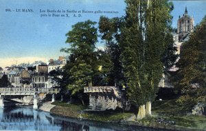 Pays de la Loire, Sarthe (72), Le Mans: bredden av Sarthe og de romerske gallo-ruinene nær "X-broen"" - Postkort sent på 1800- og 1900-tallet av Unbekannt