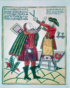 Peter I, den store 1672-1725, tsar av Russland, klipper en Boyars adelsskjegg av Unbekannt