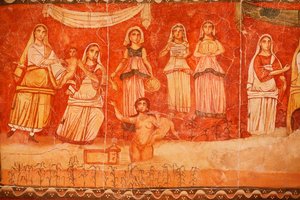 Farao og Moses' barndom, freske fra synagogen i Doura (Dura) Europos, 244-245, og oppbevart på Nasjonalmuseet i Damaskus. Bilde tatt på det jødiske museet i New York under en utstilling. av Unbekannt