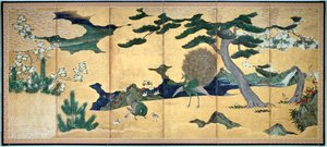 Pines and Peacocks, japansk Edo-periode, tidlig på 1600-tallet av Unbekannt