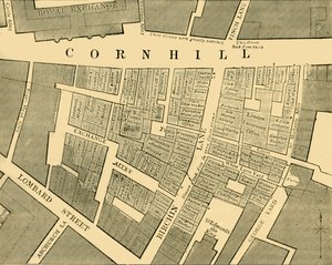 Plan som viser omfanget av den store brannen i Cornhill i 1748, c1872. av Unbekannt