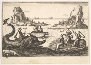 Plate 15: Elver og gudinner, med flytende øyer ledet av stolpebærere, kvinnelig figur..., 1664. av Unbekannt