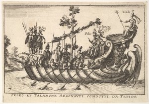 Plate 7: Peleus og Talamone ledet av Argonautene fra Tetides, fra The magnificent pageant on t..., 1664. av Unbekannt