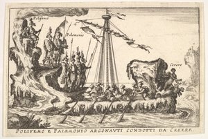 Plate 8: Polyphemus og Palemonius ledet av Ceres Polifemo og Palemonio Argonauti dirigert d ..., 1664. av Unbekannt