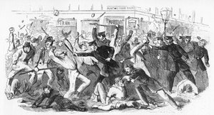 Politiet anklager opprørere ved The Tribune Office, ca. 1860-tallet av Unbekannt