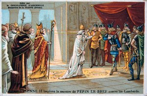 Pave Stefan II ber om sikkerheten til Pepin den korte fra langobardene, c750 e.Kr., 1800-tallet av Unbekannt