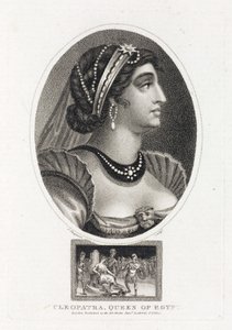 Portrett av Cleopatra (Thea Philopator, 69-30 f.Kr.), med en scene som beskriver hennes tiltredelse til Egypts trone, omgitt av romerske legionærer av Unbekannt