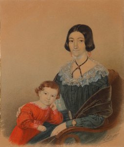 Portrett av Maria Prokhorovna Krivtsova med sønnen Alexander, 1841 av Unbekannt