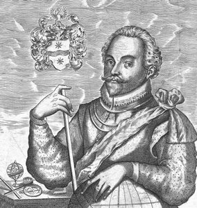 Portrett av Sir Francis Drake. Frontispice fra The World Encompassed, 1628 av Unbekannt