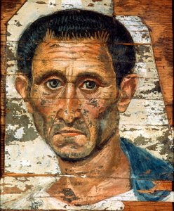 Portrett av en middelaldrende mann i en blå kappe, romano-egyptisk mumieportrett, sent på 1. århundre av Unbekannt