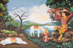 Preah Prom Rath MonasteryLife of the BuddhaThe Great Tonsure: Buddha klipper håret med sverdet Deretter byttet han prinsens klær for en tiggers kappe Så begynte han sin søken etter opplysning, Siem Reap, Kambodsja av Unbekannt