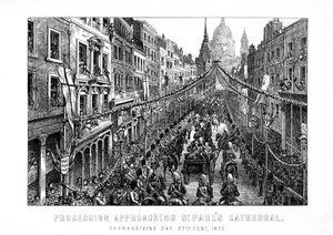 Prosesjon nærmer seg St Pauls Cathedral, Thanksgiving Day, 27. februar, 1872, 1899 av Unbekannt