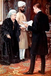 Dronning Victoria lytter til en utsendelse fra frontlinjen under Boerekrigen, 1899-1901. av Unbekannt