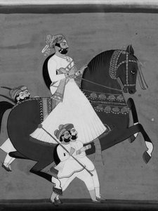 Raja på hesteryggen akkompagnert av hans favorittbetjenter, sent på 1800- og begynnelsen av 1900-tallet. av Unbekannt
