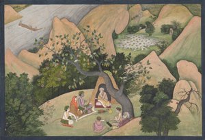Rama, Sita og Lakshmana ved Hermitage of Bharadvaja: Illustrert folio fra..., ca. 1780. av Unbekannt