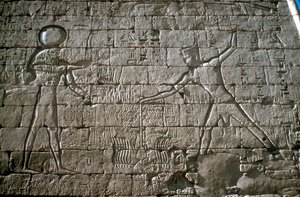 Rameses III slo fiendene sine før Amun-Ra, liktempelet, Medinet Habu, Egypt, c1100-tallet f.Kr. av Unbekannt