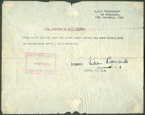 Kvittering for et tidligere japansk sverd, HMS Venerable, Singapore, 1946 av Unbekannt