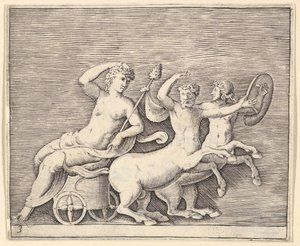 Tilbakelent kvinnefigur på en vogn tegnet av to kentaurer, publisert ca. 1599-1622. av Unbekannt