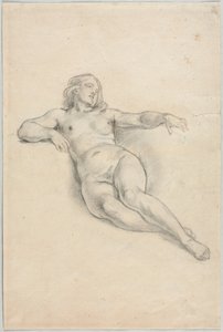 Liggende kvinnelig naken recto, forskjellige skisser av figurer og planter verso, 1800-tallet.